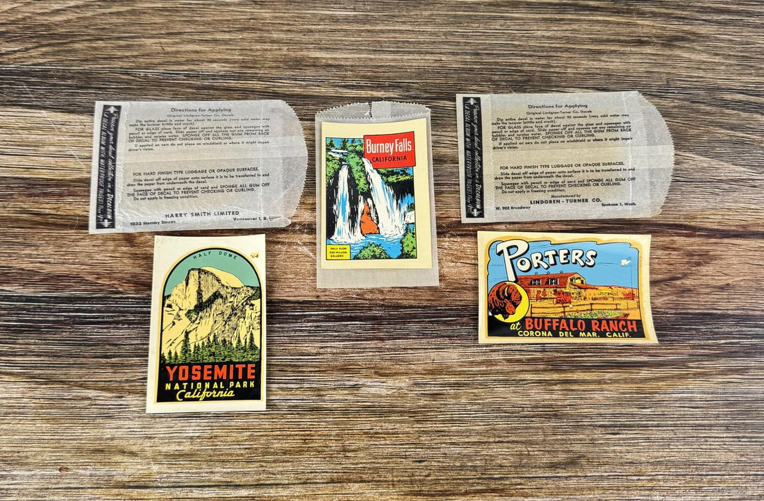Collection of 1950s Window Travel Luggage Decals: Yosemite National Park, Burney Falls California, Porters Buffalo Ranch Corona Del Mar.