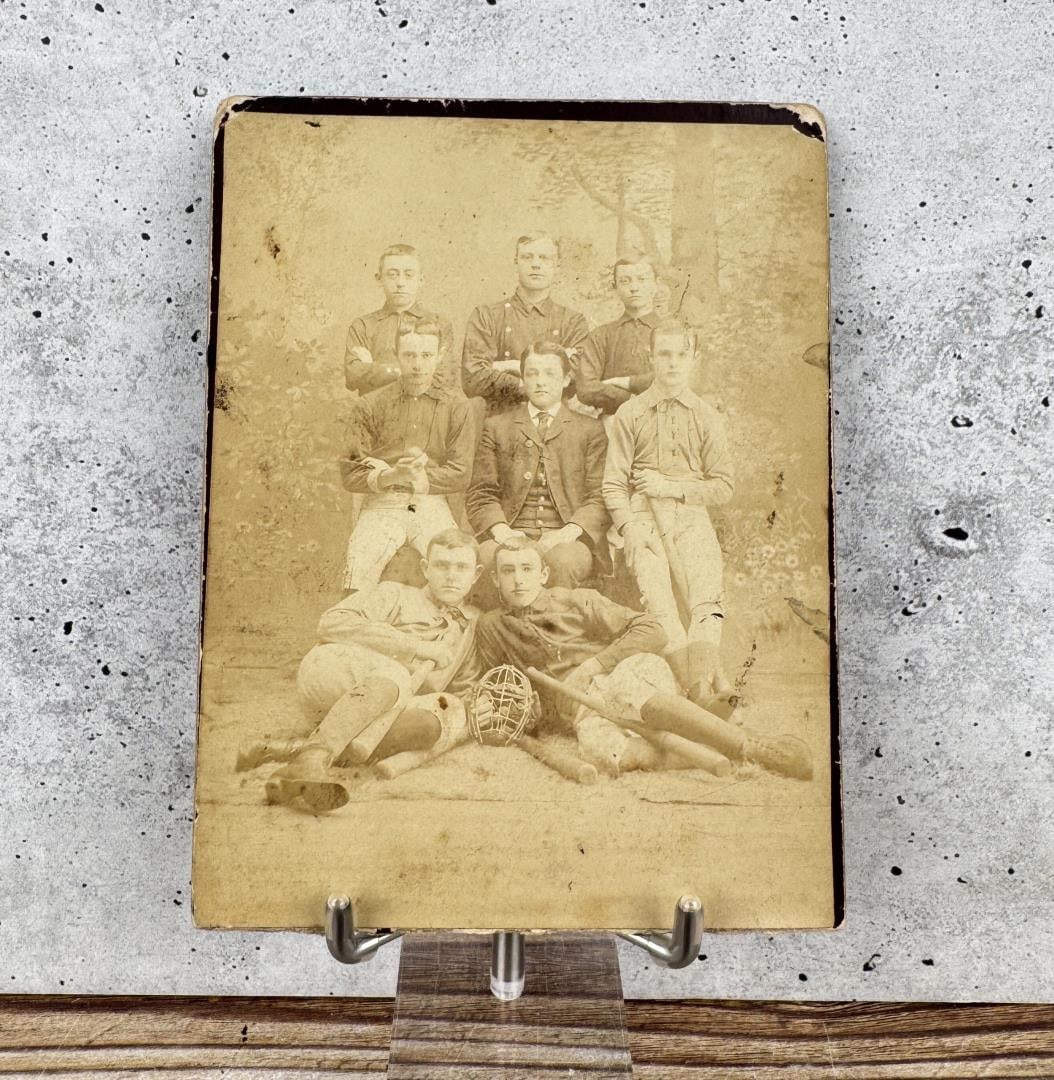 Antique Baseball Team Cabinet Photo: Nice early image, men posing with early Spiderman style Catchers mask. 4 1/4" by 5 1/2"