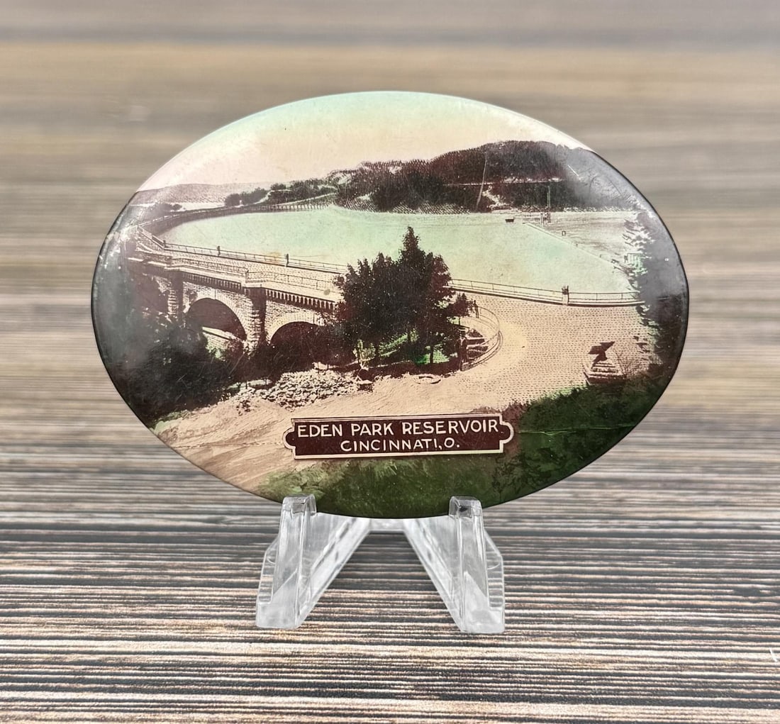Celluloid Photo Pocket Mirror Cincinnati Ohio: Eden Park Reservoir. 2 5/8" long.