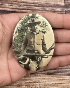 Man with Elk & Winchester Celluloid Pocket Mirror