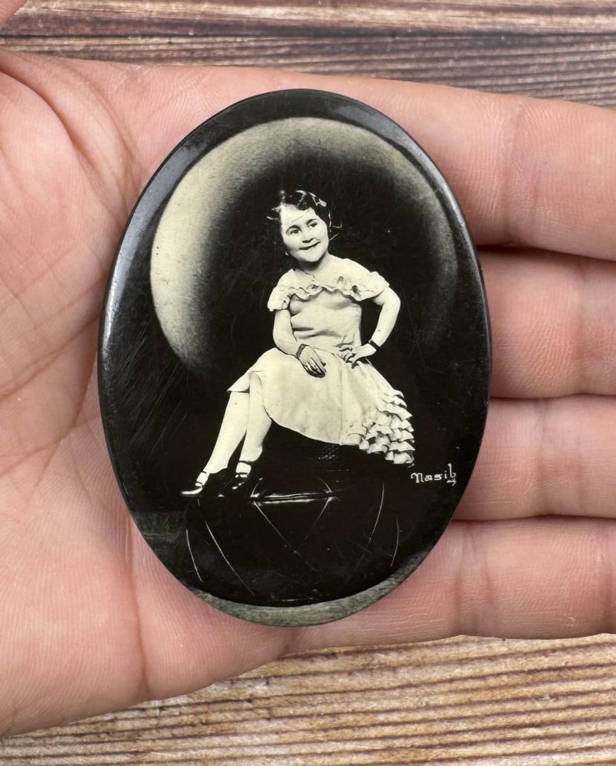 Girl and Moon Celluloid Pocket Mirror: Photographer is Nasib. 3" long