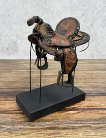 Miniature Tooled Leather Cowboy Saddle & Stand