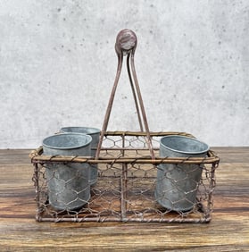 Galvanized Planters In Chicken Wire Holder