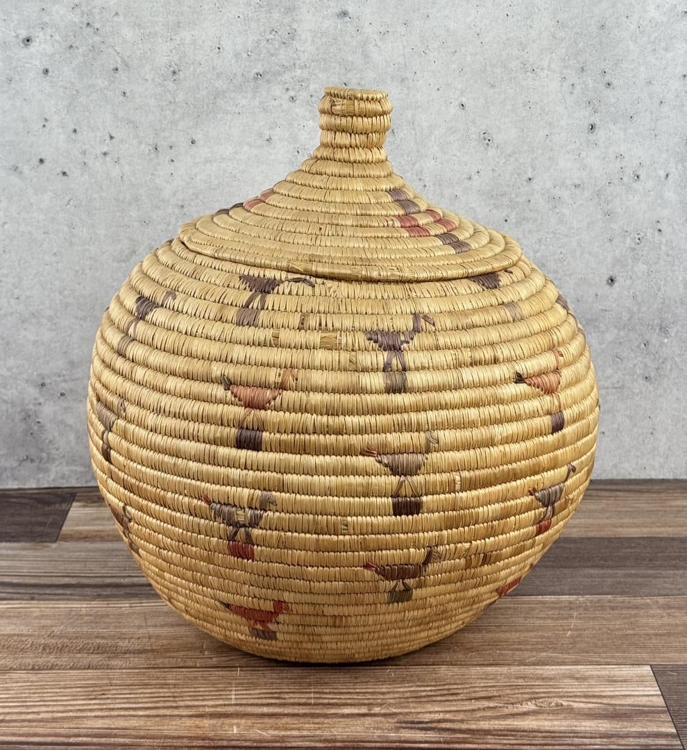 Alaskan Inuit Eskimo Lidded Basket: 13" tall, 12 5/8" diameter.