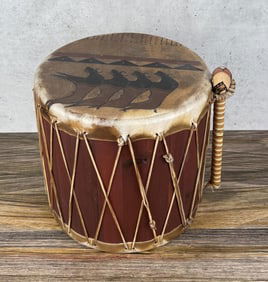 Signed Native American Indian Painted Pueblo Drum