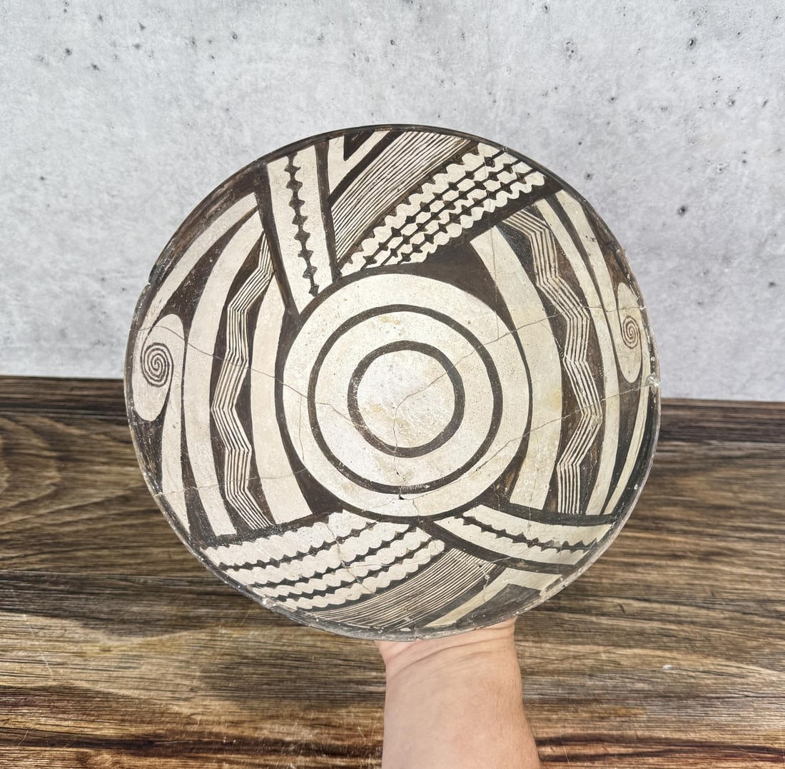 Ancient Mimbres Indian Pottery Datura Bud Bowl: 8 5/8" diameter, 4" tall. Has been re assembled as shown.