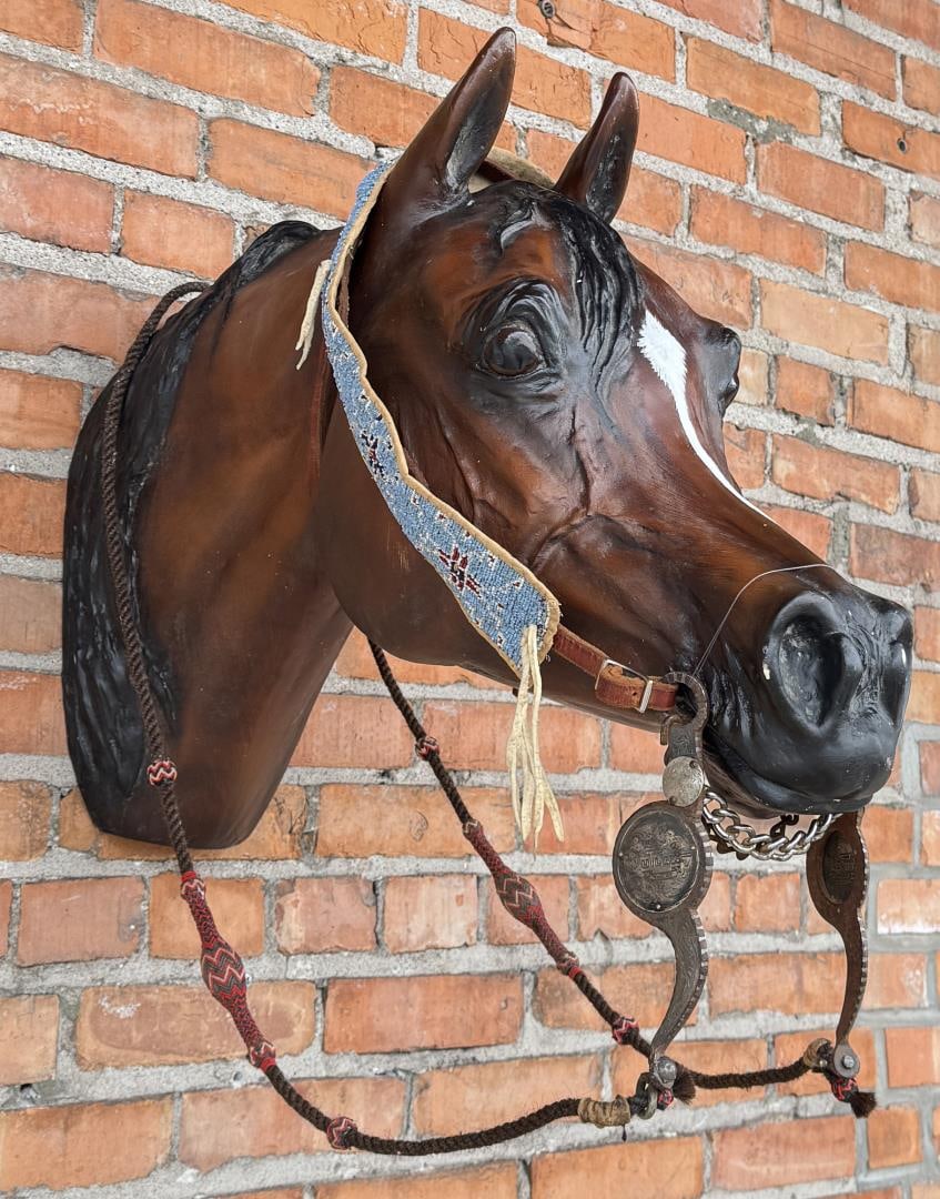 Sioux Native American Indian Beaded Bridle: Beaded portion appears to be quite old, it is a ranch brand beaded into it. Silver mounted bit reads Outlaw Productions, a Film Company, possibly used on the movie Wagons East.