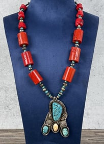 Navajo Chunky Sterling Turquoise Coral Necklace
