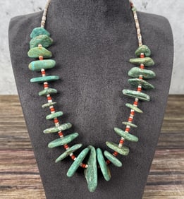Santo Domingo Heishi Coral Turquoise Tab Necklace