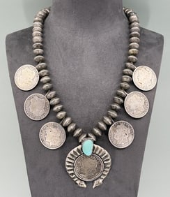 Old Pawn Navajo Coin Squash Blossom Necklace