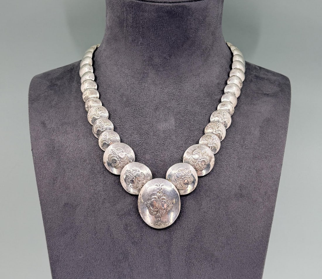 Navajo Sterling Silver Pillow Bench Bead Necklace: 11 5/8" long closed. 60.96 grams.