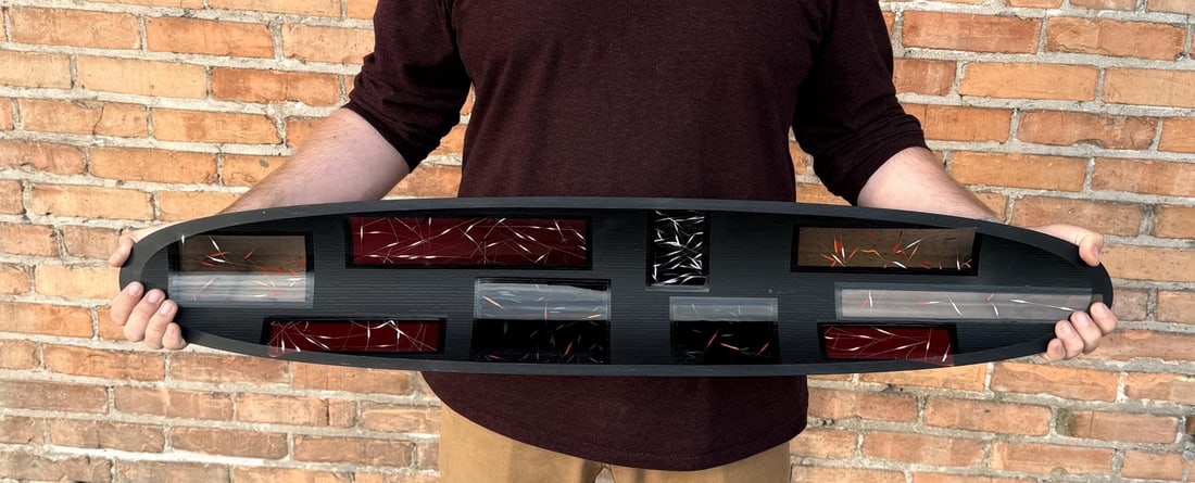 Martin Kremer Fused Glass Koi Pond Ellipse Bowl: 38" long by 7 1/8" wide. Artist statement I was a stained glass enthusiast while pursuing a career in medical technology and the glass won, first as a spare-time business and then as a full-time obses