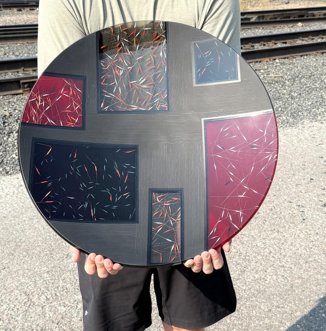 Martin Kremer Fused Glass Koi Pond Bowl: 21 5/8" diameter, 3 1/8" tall. Artist statement I was a stained glass enthusiast while pursuing a career in medical technology and the glass won, first as a spare-time business and then as a full-time