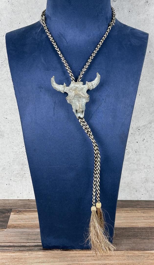 Michael Coleman 2000 Prix de West Bronze Bolo Tie: Title is Buffalo Skull. 21" long on bolo tie. Michael B. Coleman (Born 1946) is active/lives in Utah. Michael Coleman is known for Indian genre and wildlife painting and sculpture, etching. Born and c