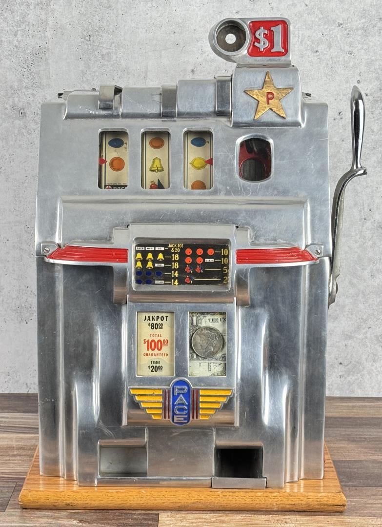 Pace $1 Silver Dollar Comet Slot Machine: Original condition. 1950 Montana State Tax Revenue Stamp on side. Tested and working with key. We will not sell or ship this machine to the following locations. International, Alabama, Connecticut, Ha