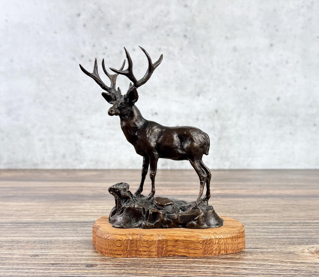 Gary Schildt Montana Mule Deer Bronze: 6 1/2" by 5 1/2" by 3 1/8". 36/500 Gary Joseph (Lone Bull) Schildt (Born 1938) is active/lives in Oregon, Montana. Gary Schildt is known for Portrait, genre, Indian figure, sculpture. Impressionist pa