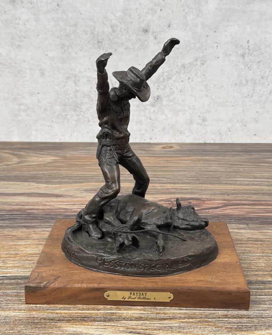 Fred Fellows Payday Montana Cowboy Bronze: Title is Payday. Hesston Special Edition. 9 1/8" by 8 1/8" by 5 7/8". Fred Fellows (Born 1934) is active/lives in Arizona, California. Fred Fellows is known for Realist western, cowboy genre sculpture