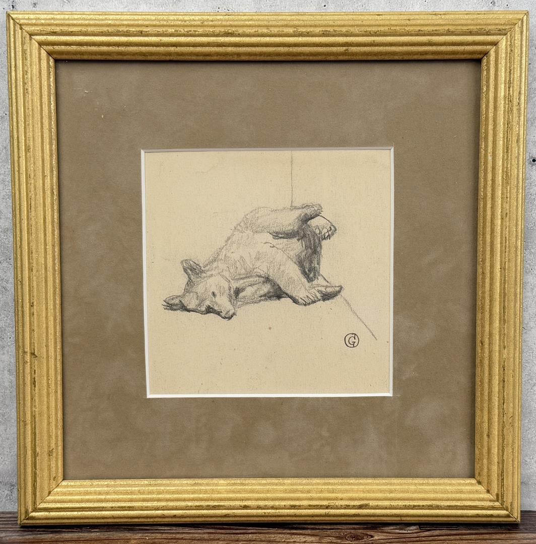 Philip Russell Goodwin Reclining Bear Drawing: Title is Reclining Bear. 5" by 5" unframed. 10 1/2" by 10 1/2" framed. Pencil on Paper. Philip Russell Goodwin (1881 - 1935) was active/lived in New York, Connecticut. Philip Goodwin is known for Anim