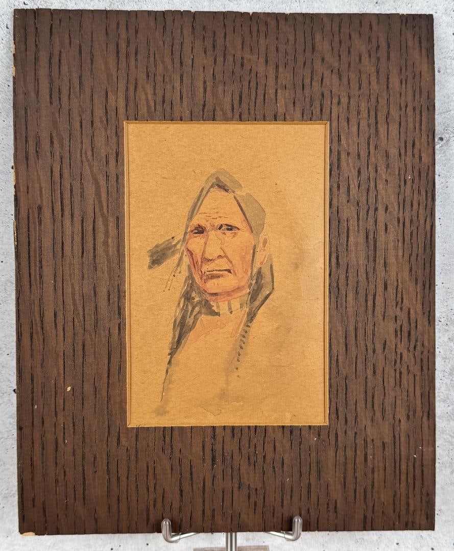 Edgar Paxson Indian Watercolor Painting: Title is Indian Chief. 8" by 10" in matte. 3 3/4" by 5 5/8" watercolor on paper. Unsigned. Edgar Samuel Paxson (1852 - 1919) was active/lived in Montana. Edgar Paxson is known for Indian-frontier-anim
