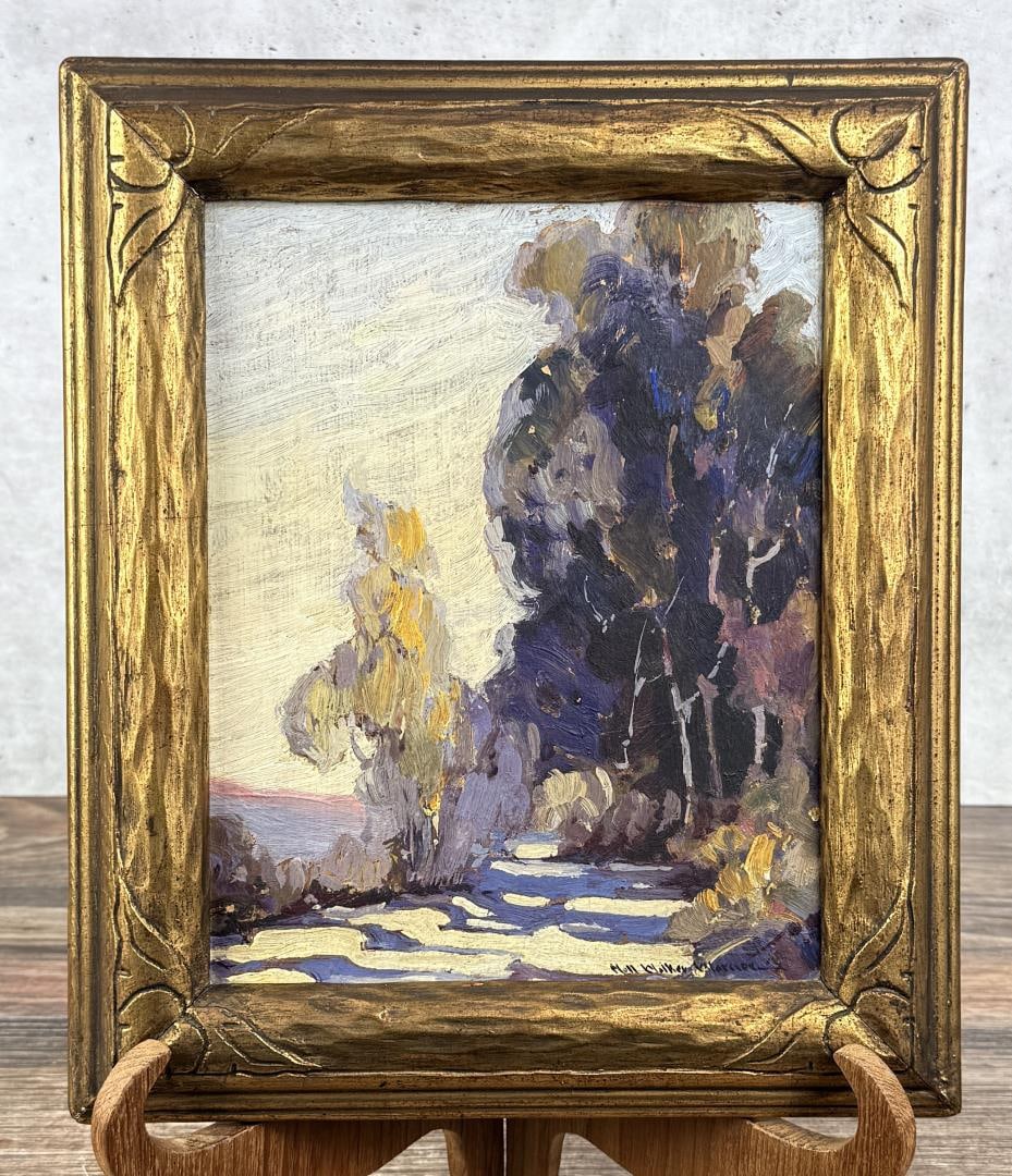 Nell Walker Warner Eucalyptus Grove Painting: Title is Eucalyptus Grove. 8" by 10" unframed. 11" by 13" framed. Oil on Board. Provenance: Mr. & Ms. Harry Smith Sacramento California, acquired from the artist in 1927. Nell Walker (Shostrom) Warner