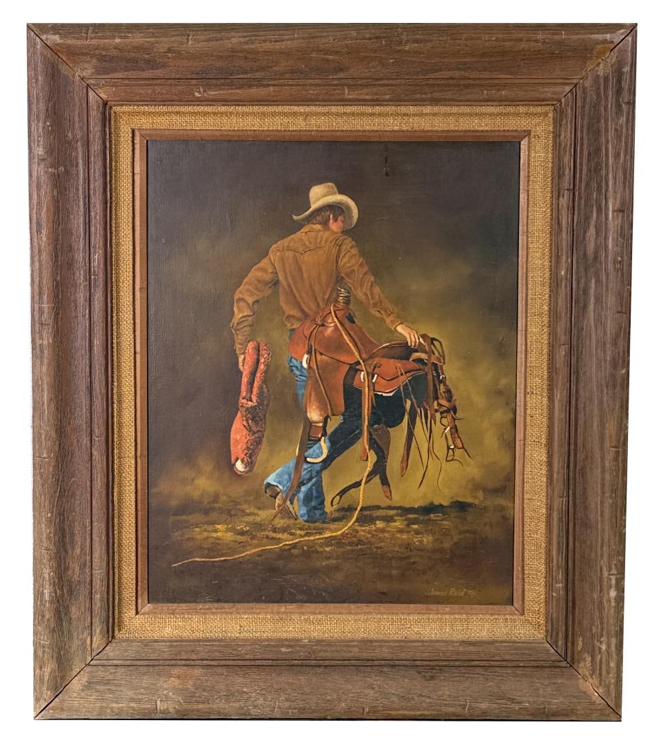 James Reid Cowboy with Saddle Painting: Title is Cowboy with Saddle. 16" by 20" unframed. 25" by 29" framed. Oil on Canvas. James Reid (20/21st Century) is active/lives in Washington, Idaho. James Reid is known for Western paintings, animal