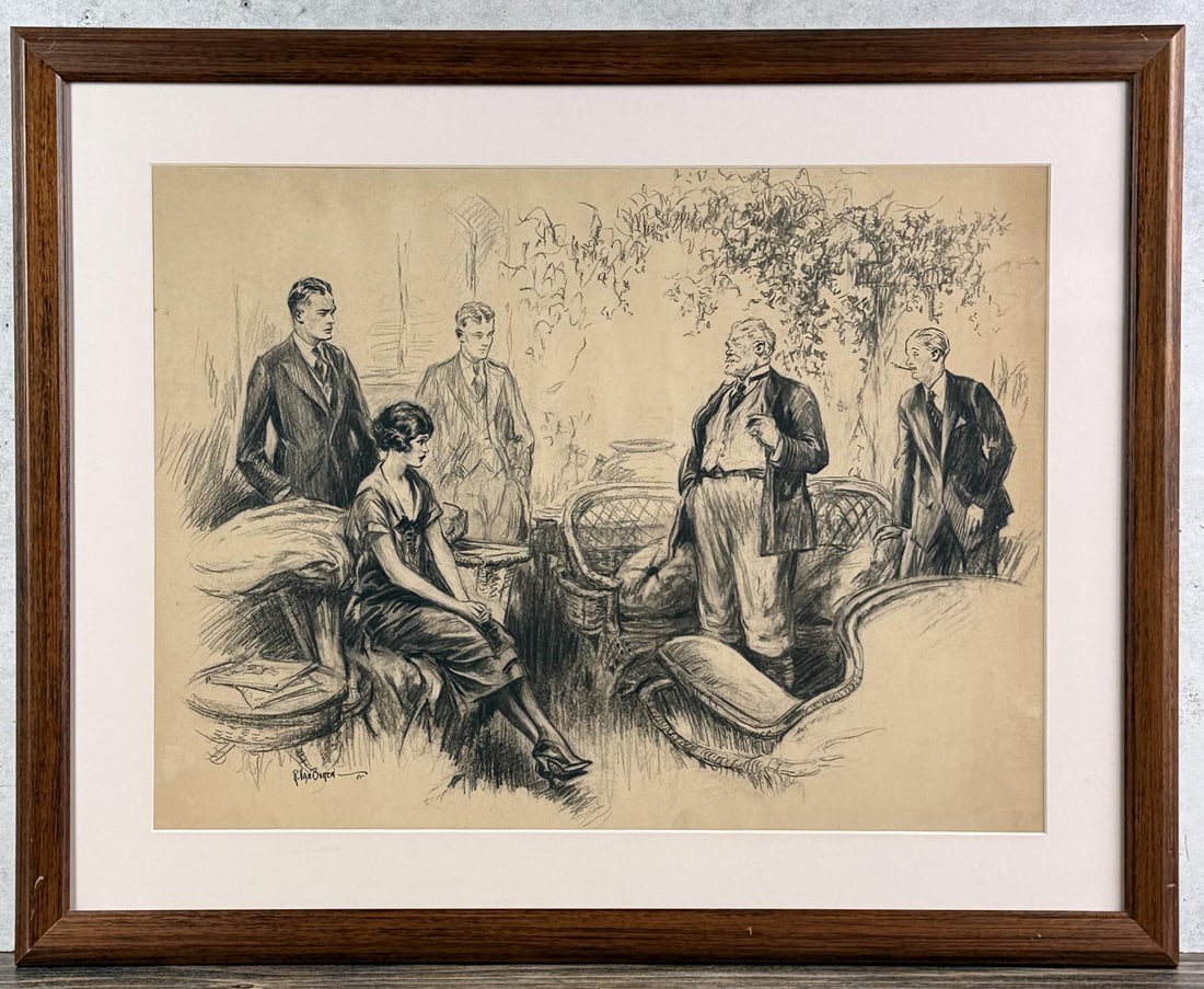 Raeburn Van Buren Illustration Art Drawing: Title is On the Veranda. 15" by 20" unframed. 21" by 26 1/2" framed. Charcoal on Paper. Raeburn Van Buren (1891 - 1987) was active/lived in New York, Colorado. Raeburn Van Buren is known for Illustrat