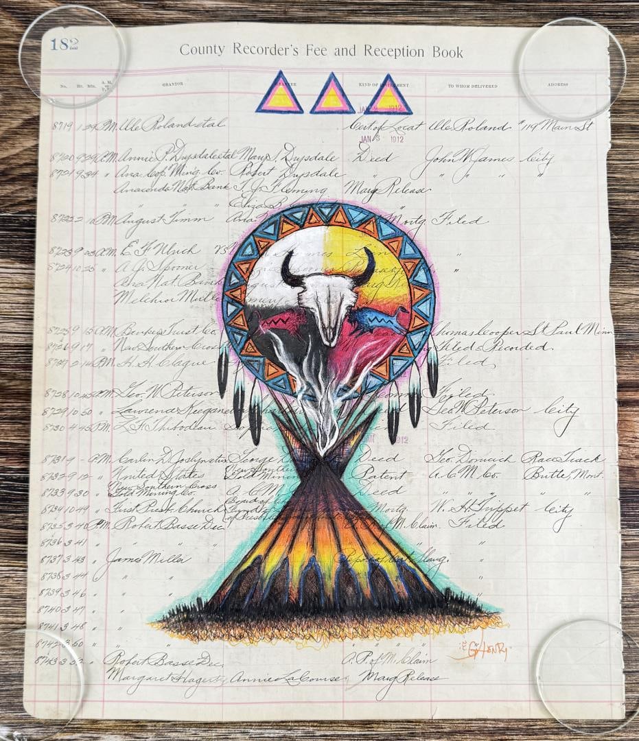 Gordon Henry Rocky Boy Cree Ledger Art Painting: Title is Smoke Signals. 13 3/4" by 16 1/2". Gordon Henry, a Chippewa Cree / Blackfeet artist circa 2010s. Gordon Henry was born in Box Elder, Montana and studied Visual and Media Arts at the Universit