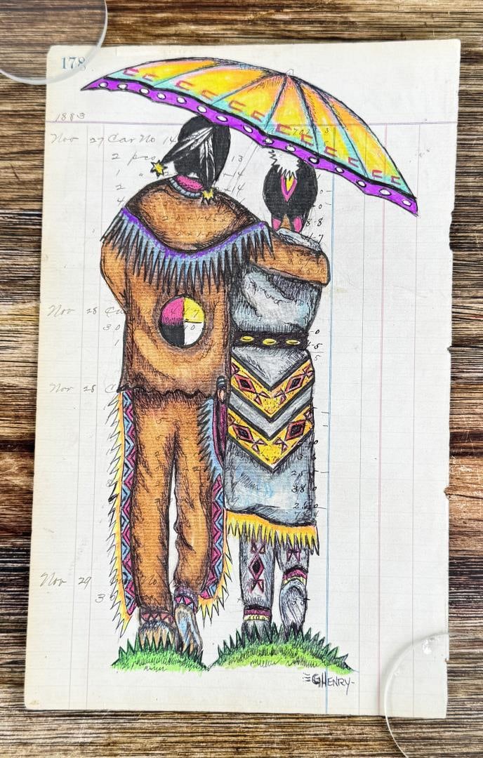 Gordon Henry Rocky Boy Cree Ledger Art Painting: Title is Native Love. 7 5/8" by 12 1/4". Gordon Henry, a Chippewa Cree / Blackfeet artist circa 2010s. Gordon Henry was born in Box Elder, Montana and studied Visual and Media Arts at the University o