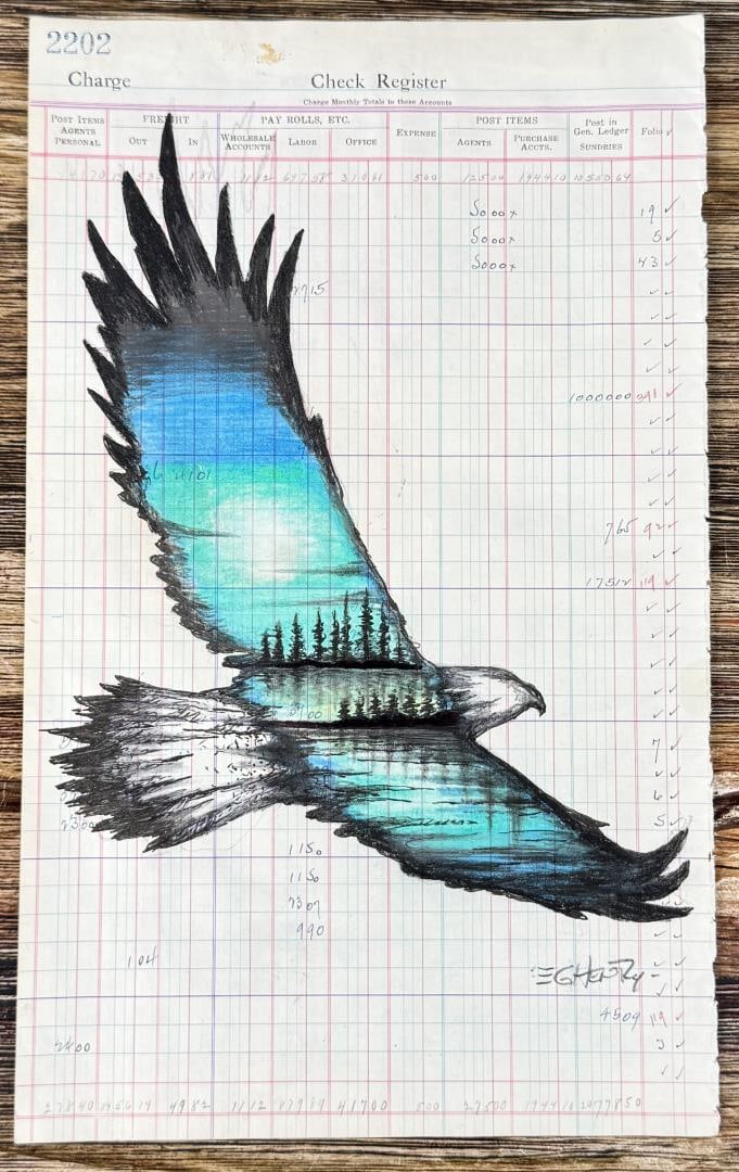 Gordon Henry Rocky Boy Cree Ledger Art Painting: Title is Wings over the Prairie. 8 1/2" by 13 3/4". Gordon Henry, a Chippewa Cree / Blackfeet artist circa 2010s. Gordon Henry was born in Box Elder, Montana and studied Visual and Media Arts at the U