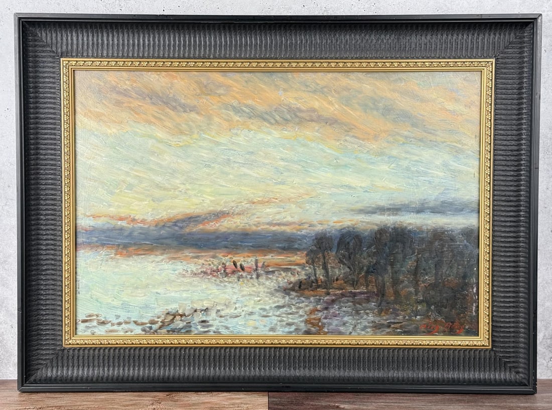 August Berg Oil Painting: Title is Marsh. 16" by 24" unframed. 21" by 29" framed. Oil on Board. From the Private Collection of James H and Pauline Harken. Inventory #65 August Berg (1885 - 1924) was active/lived in Sweden. Aug