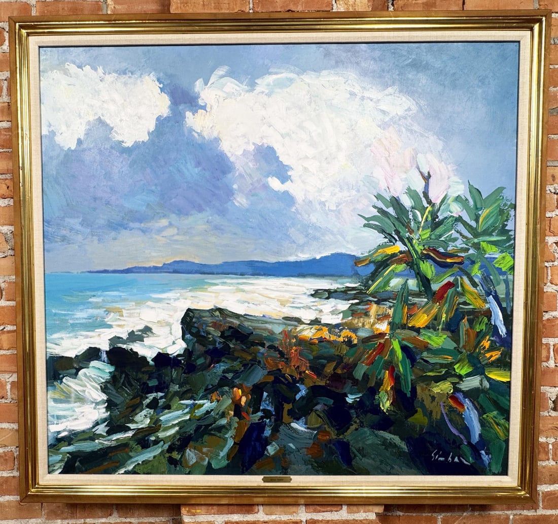 Nicola Simbari Mahe Oil Painting: Title is Mahe. 43" by 47" unframed. 49" by 53" framed. Oil on Canvas. Provenance: Morris & Whiteside Galleries. From the Private Collection of James H and Pauline Harken. Inventory #765 Nicola Simbari
