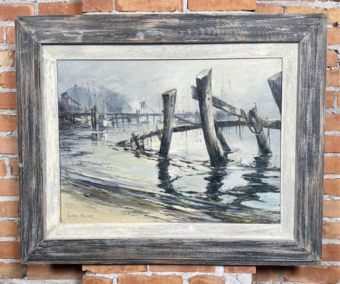 Joshua Meador The Old Pier Painting: Title is The Old Pier. 20" by 27" unframed. 30" by 37" framed. Oil on Canvas. From the Private Collection of James H and Pauline Harken. Inventory #459 Joshua Lawrence Meador (1911 - 1965) was active/