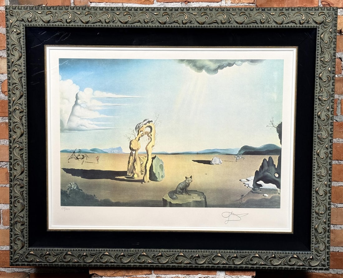 Salvador Dali Savage Beasts in the Desert Print: Published by Levine and Levine, Printed by Bellini in 1976. Edition of 450. 189/450. Signed. 33" by 41" framed. From the Private Collection of James H and Pauline Harken. Inventory #133