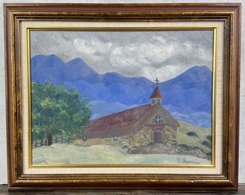 B Brown Santa Fe Mission Oil Painting