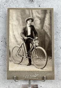 Man with Bicycle and Carbide Lamp Cabinet Photo
