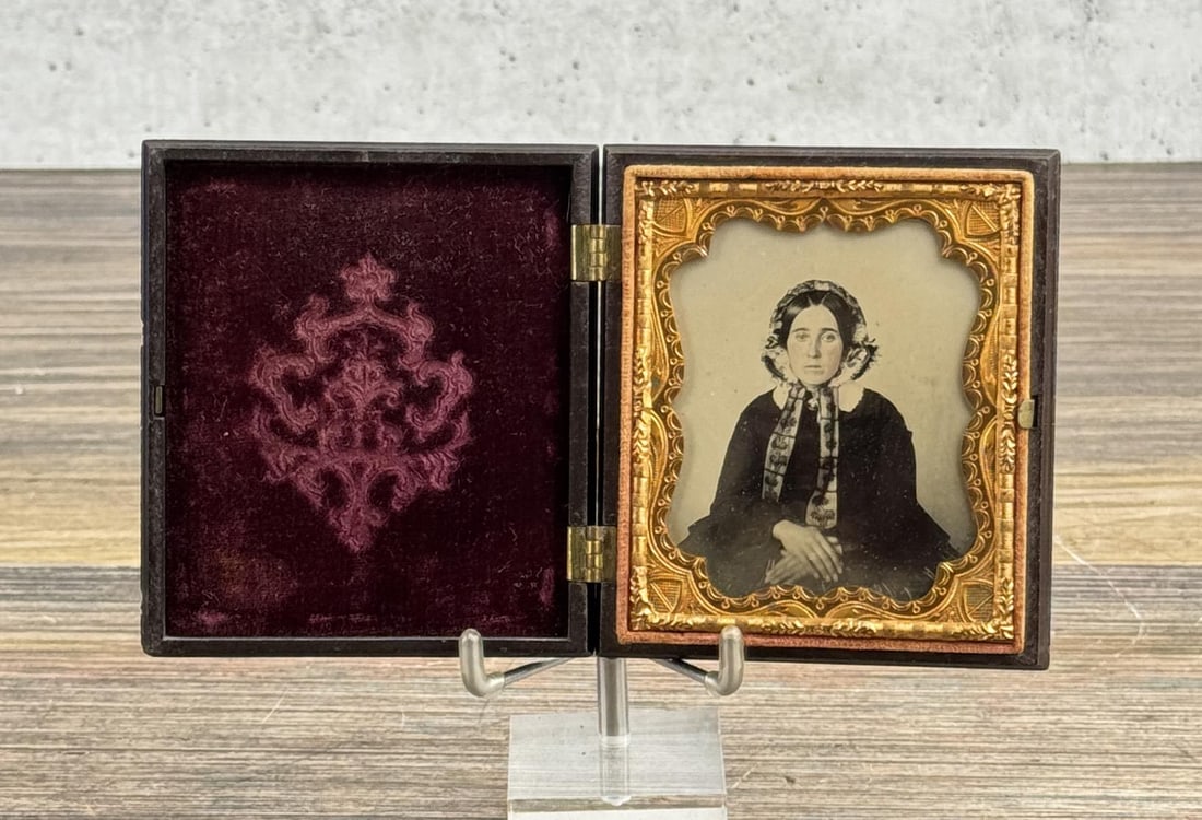 Antique Ambrotype Photo Woman in Bonnet: 3 1/4" by 3 3/4" in union case.