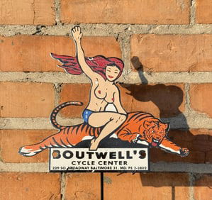 Porcelain Boutwells Cycle Center Naked Lady Sign