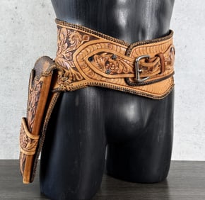 Tooled Leather Cowboy Gunfighter Gun Belt Rig