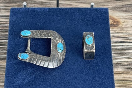 Navajo Sterling Silver Turquoise Ranger Buckle Set