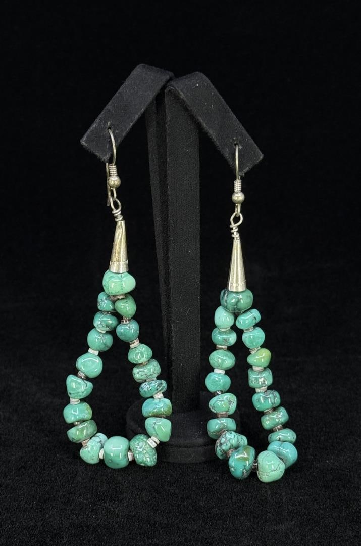 Santo Domingo Sterling Silver Turquoise Earrings: 3 3/5" long