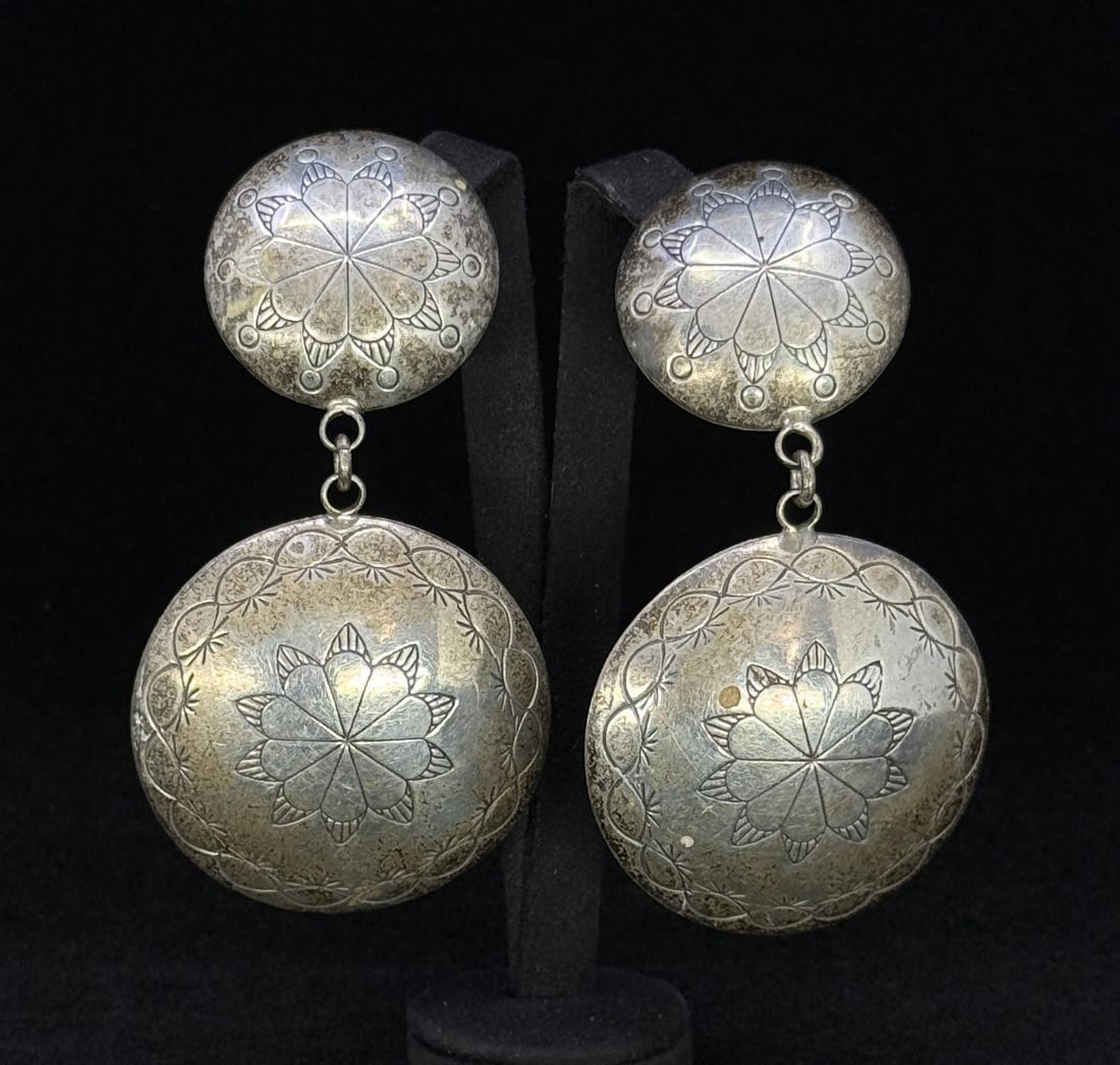 Jack Tom Navajo Sterling Silver Earrings: 3 1/8" long. 28.32 grams.