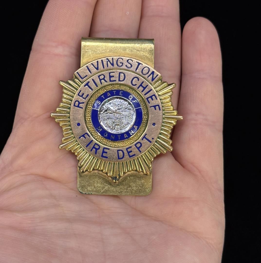 Livingston Montana Fire Department Badge: Retired Chief Fire Department. 2 1/8" long. 31.89 grams. 10k Gold Filled.