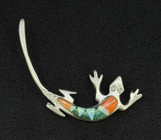 Zuni Sterling Silver Inlaid Lizard Brooch