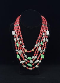 Sterling Turquoise Coral Multi Strand Necklace
