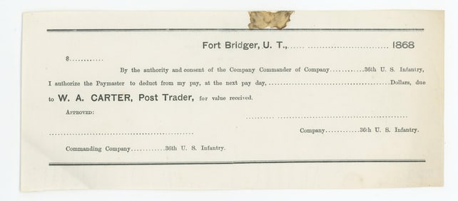 Fort Bridger Utah Territory Unused Credit Voucher