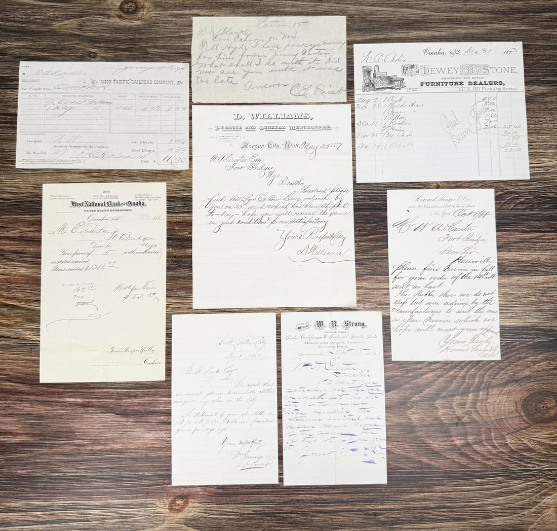 Fort Bridger Wyoming Territory Paper Ephemera: Eight pieces total. Most are for WA Carter and his wife Mary.