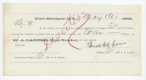 1868 Fort Bridger Utah Territory Pay Day Note