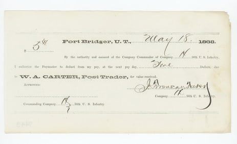 1868 Fort Bridger Utah Territory Pay Day Note