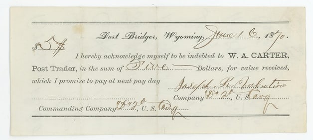 1870 Fort Bridger Wyoming Territory Pay Day Note