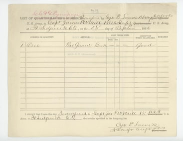 1866 Fort Sedgwick Colorado Quartermaster Receipt